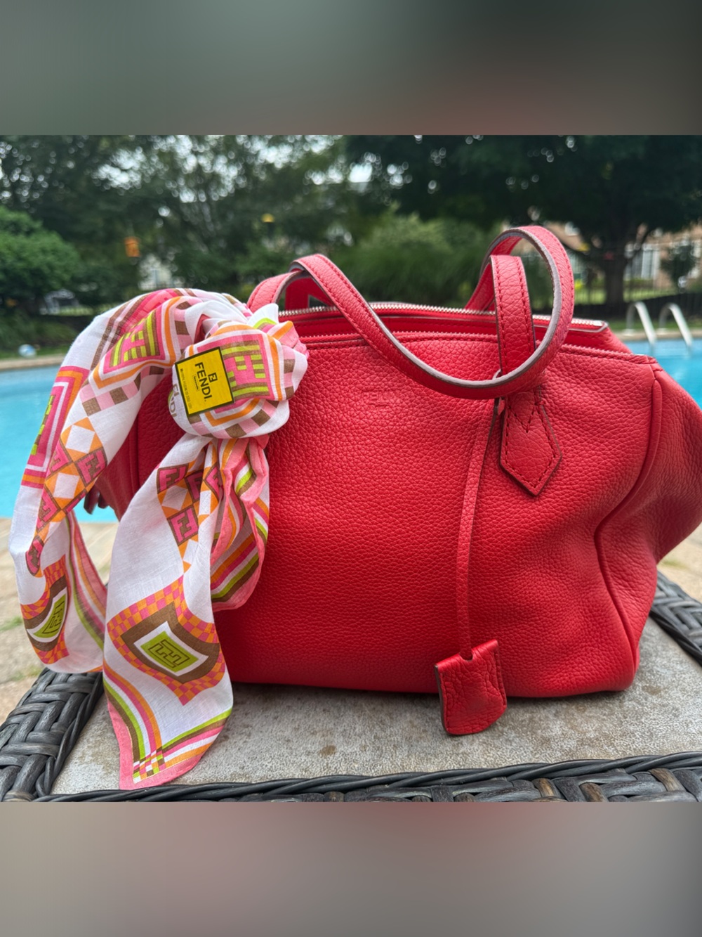 Fendi Red Leather Satchel with Printed Scarf Accent